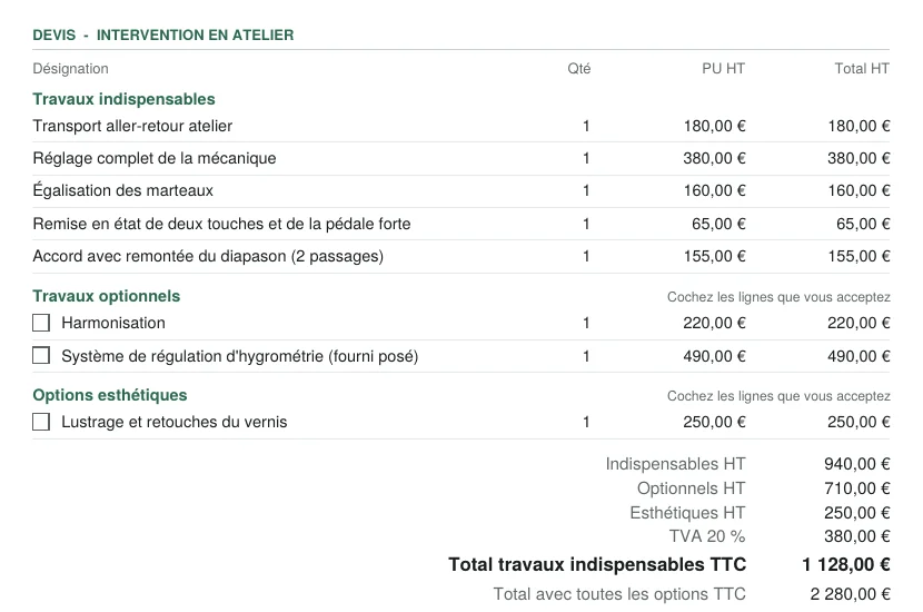 Exemple de devis avec travaux indispensables, optionnels et esthétiques
